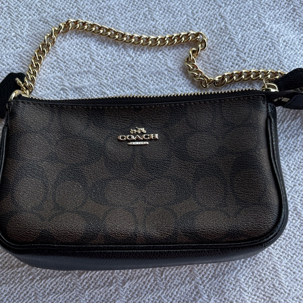 Coach Black and Brown Crossbody Bag with Gold Chain
